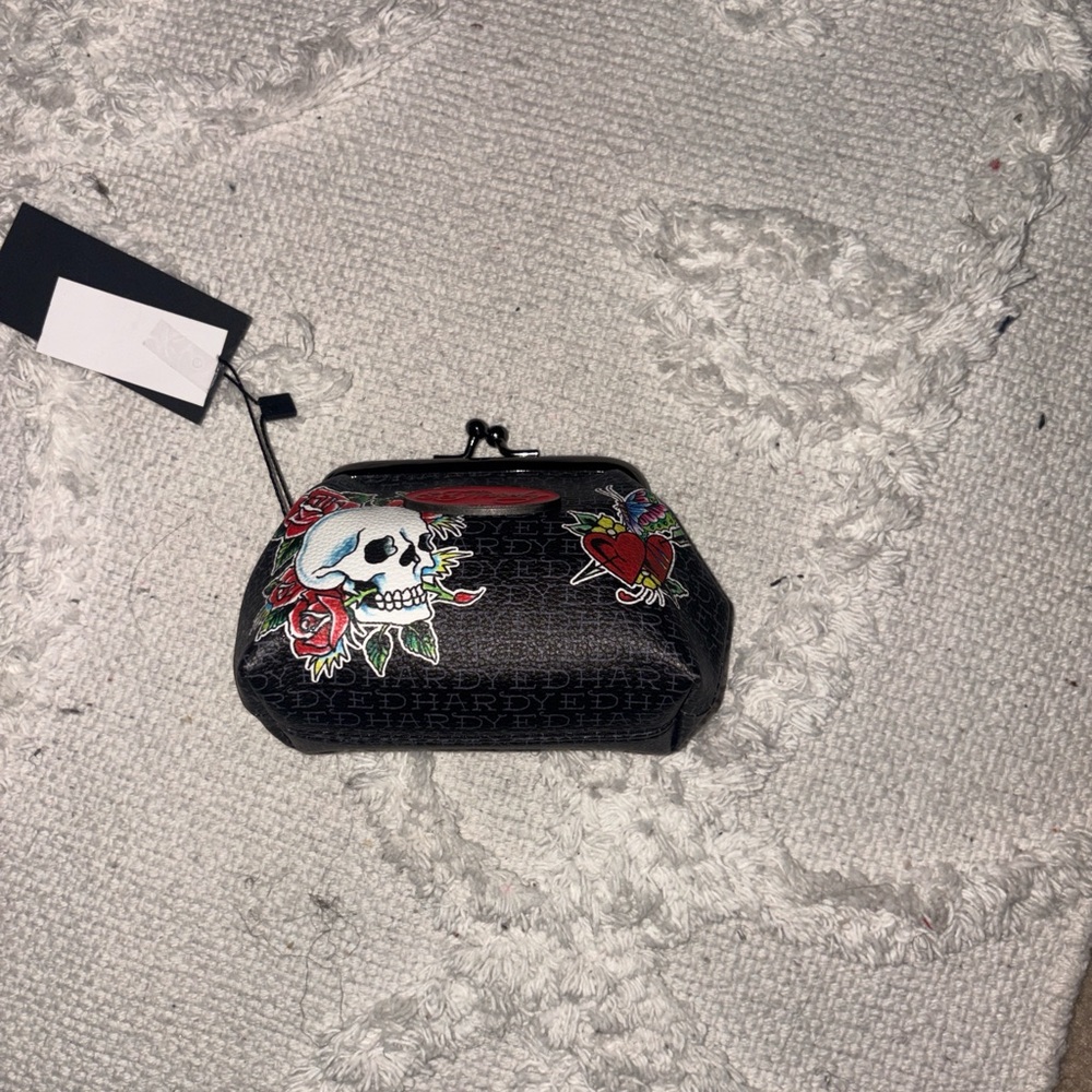 Ed Hardy Black Cosmetic Bag with Skull and Heart Design